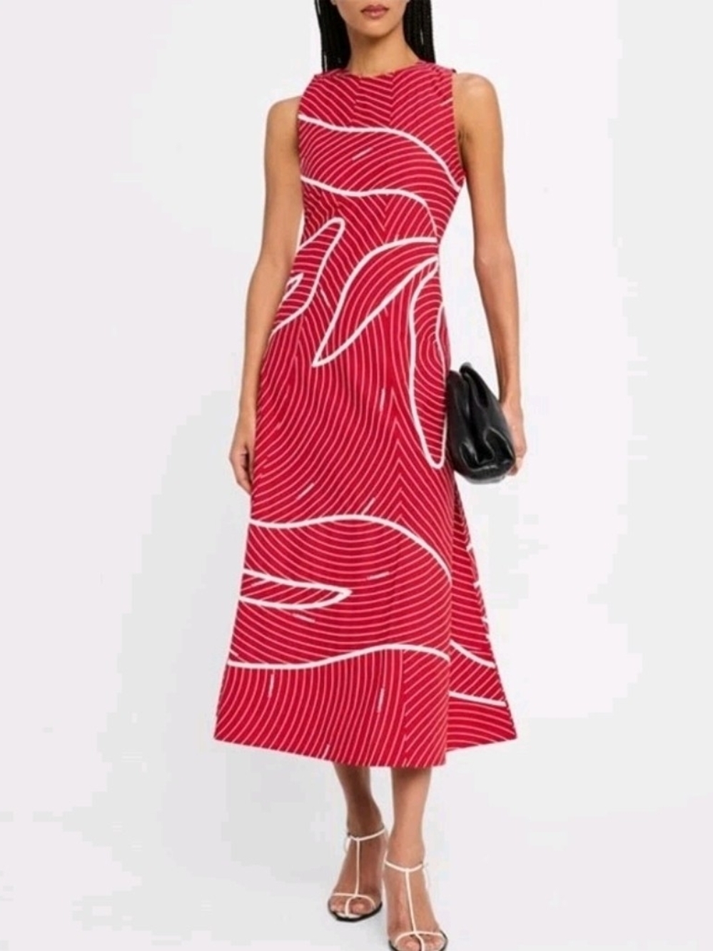 Red Sleeveless Midi Dress with White Wave Print